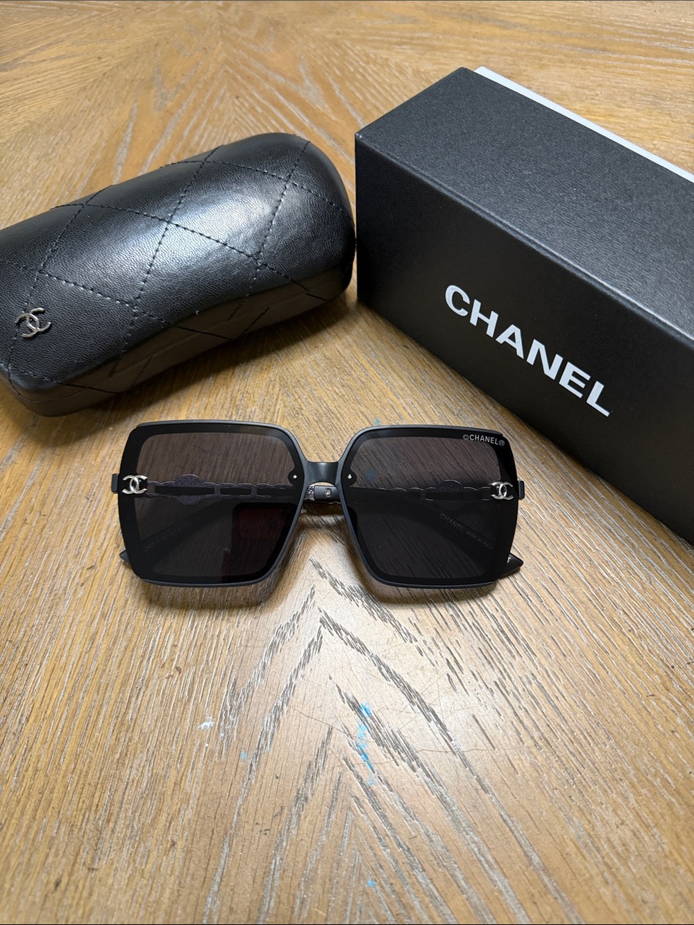 CHANEL Black Square Sunglasses with Silver CC Temples